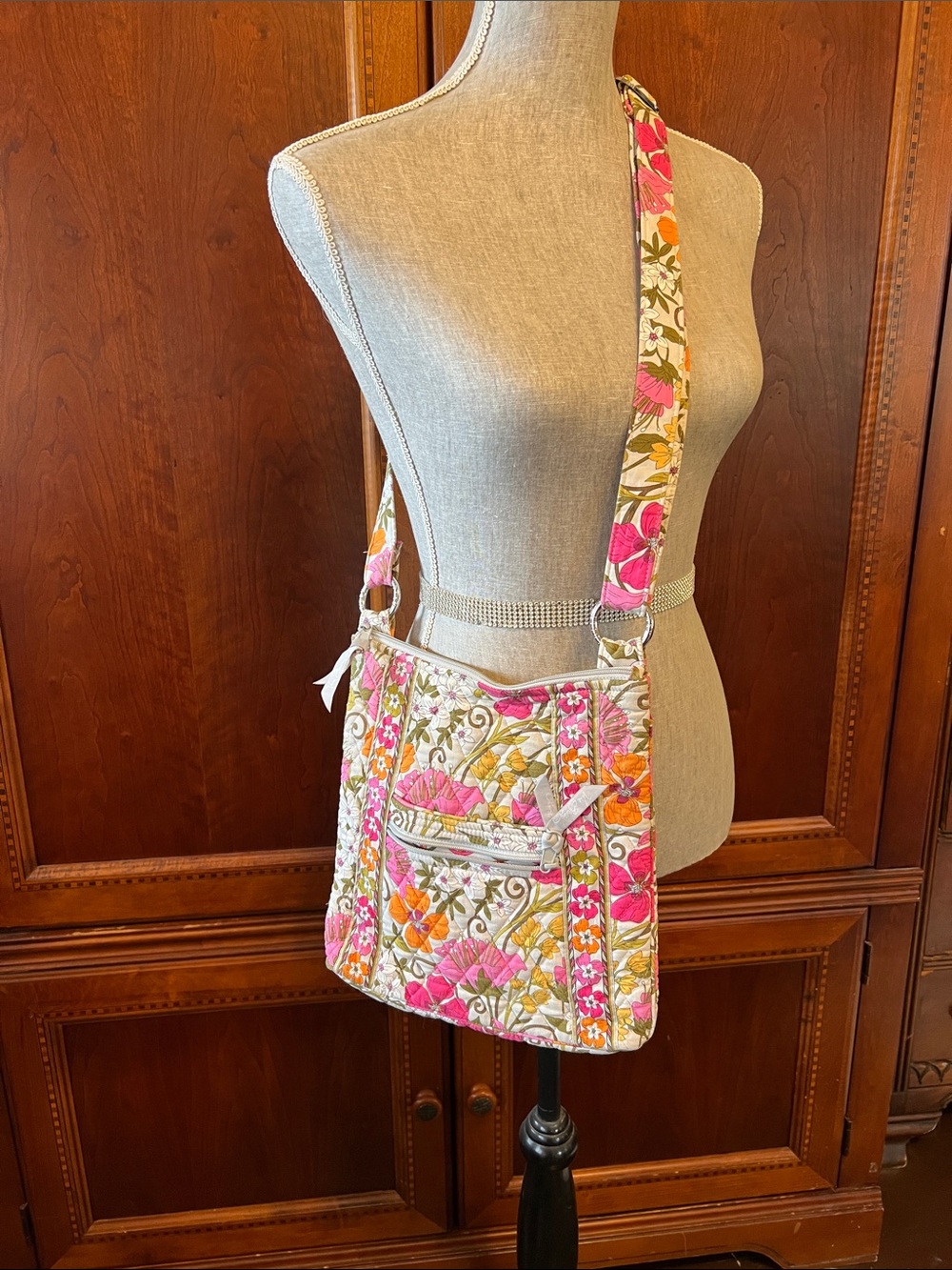 Vera Bradley Floral Quilted Crossbody in Pink, Orange & Cream